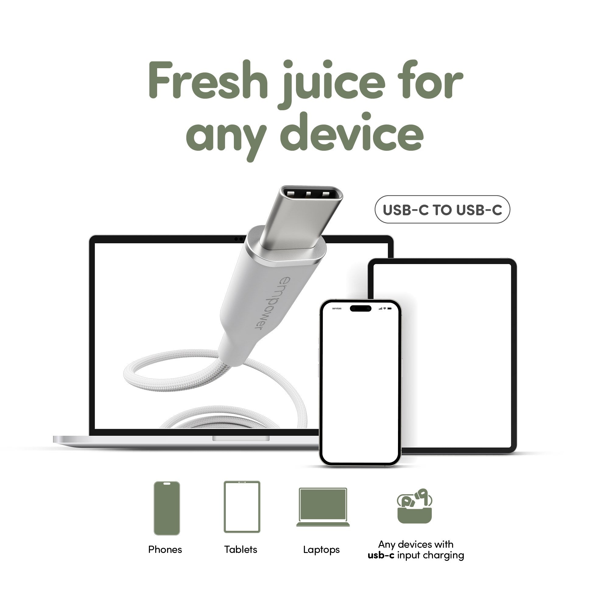 empower by PanzerGlass® Racing 60W USB-C to USB-C Kabel | USB 2.0 | 2M | Silber Weiss